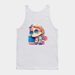 Patriotic Cute American Girl wearing Sunglasses in Summer Tank Top